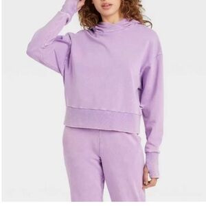 JOYLAB Women Purple French Terry Acid Wash Hooded Sweatshirt | L